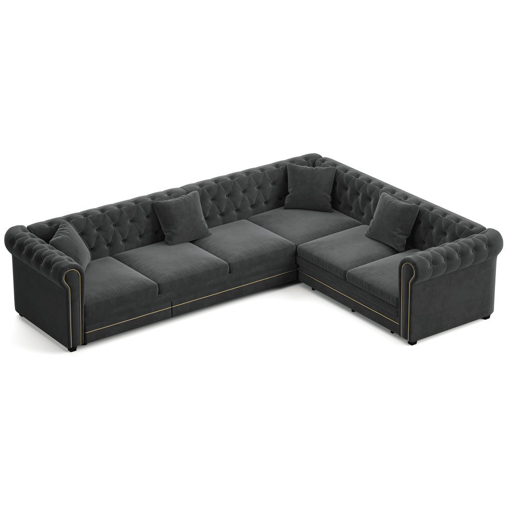 115.3" L-Shaped Sofa Couch with Pull-Out Bed, Oversize Convertible Sleeper, Velvet Button Tufted Couch, Gold Trim Rolled Arms, Oversized Deep Seat Luxury Sofa with Throw Pillows ,Dark Grey