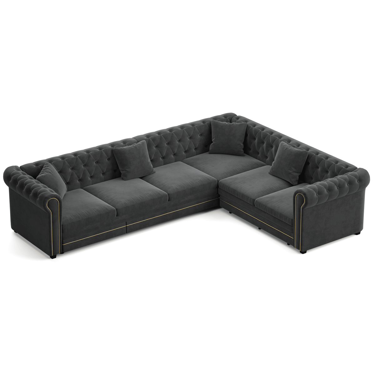 115.3" L-Shaped Sofa Couch with Pull-Out Bed, Oversize Convertible Sleeper, Velvet Button Tufted Couch, Gold Trim Rolled Arms, Oversized Deep Seat Luxury Sofa with Throw Pillows ,Dark Grey