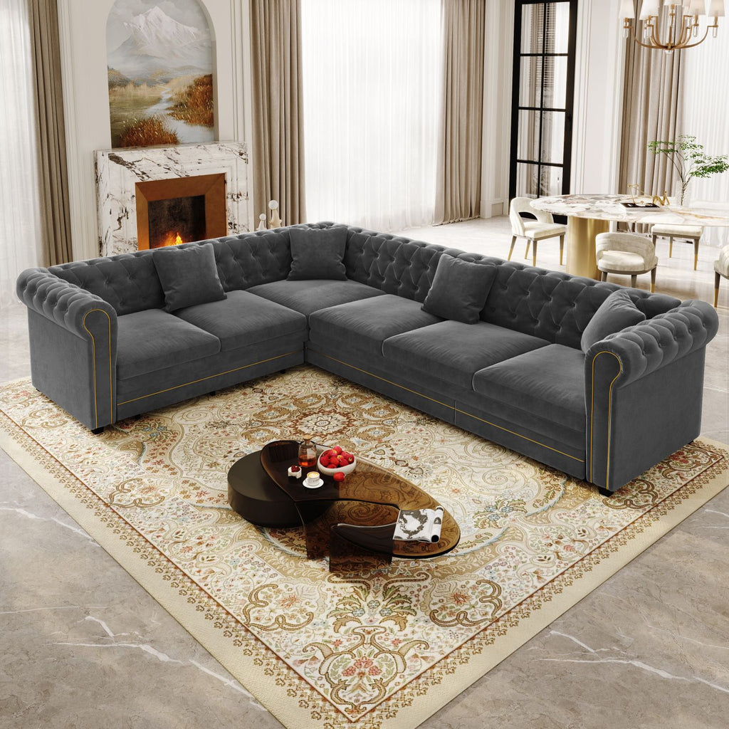 115.3" L-Shaped Sofa Couch with Pull-Out Bed, Oversize Convertible Sleeper, Velvet Button Tufted Couch, Gold Trim Rolled Arms, Oversized Deep Seat Luxury Sofa with Throw Pillows ,Dark Grey
