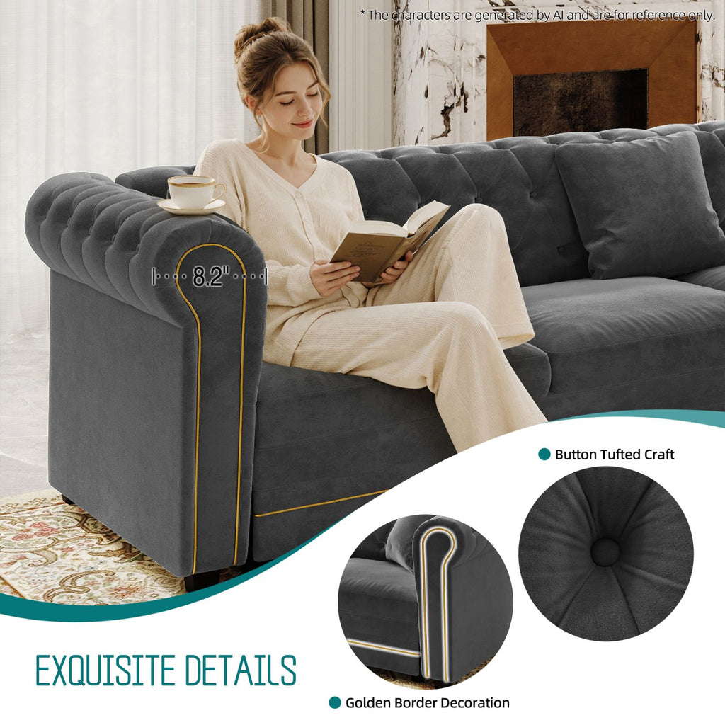 115.3" L-Shaped Sofa Couch with Pull-Out Bed, Oversize Convertible Sleeper, Velvet Button Tufted Couch, Gold Trim Rolled Arms, Oversized Deep Seat Luxury Sofa with Throw Pillows ,Dark Grey