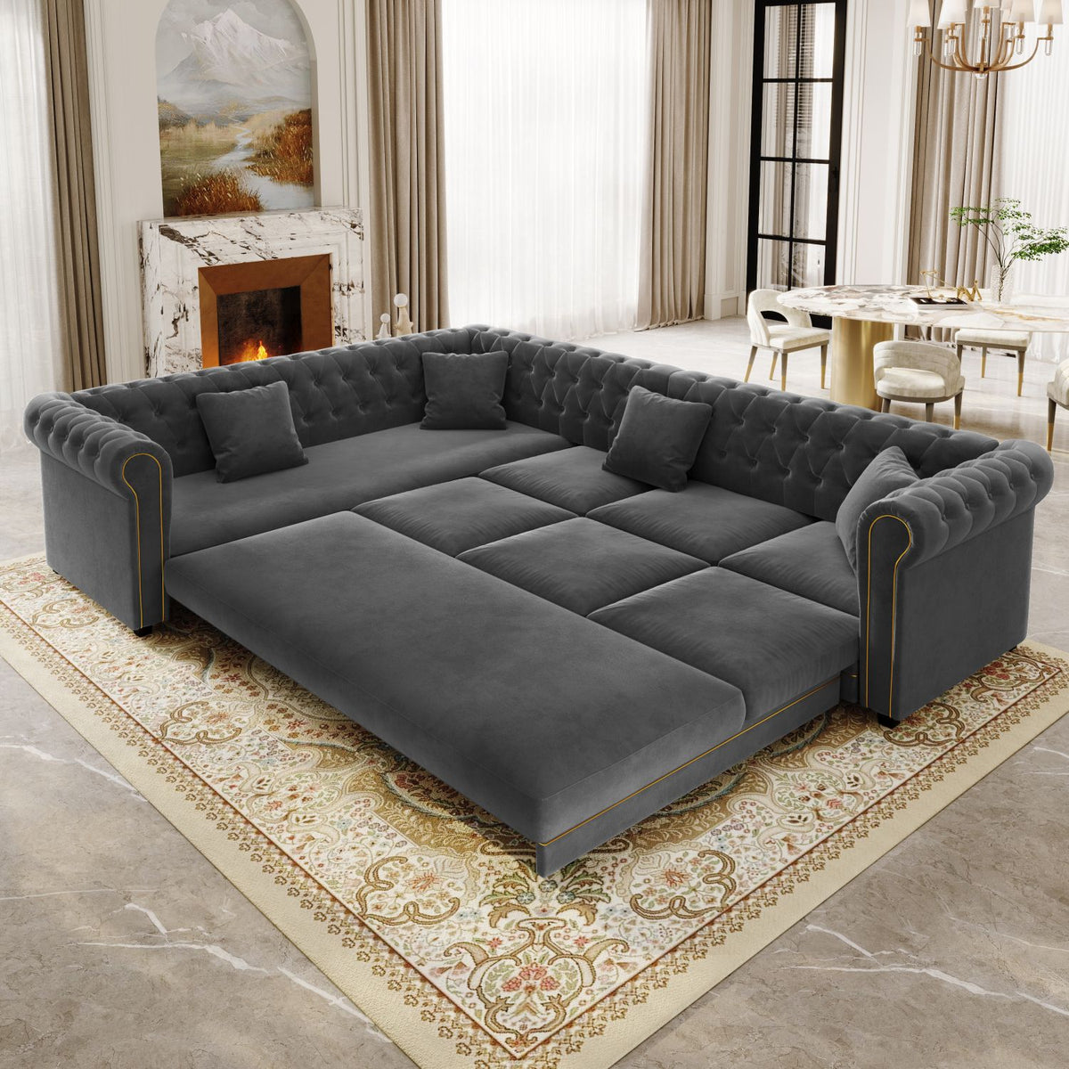 115.3" L-Shaped Sofa Couch with Pull-Out Bed, Oversize Convertible Sleeper, Velvet Button Tufted Couch, Gold Trim Rolled Arms, Oversized Deep Seat Luxury Sofa with Throw Pillows ,Dark Grey