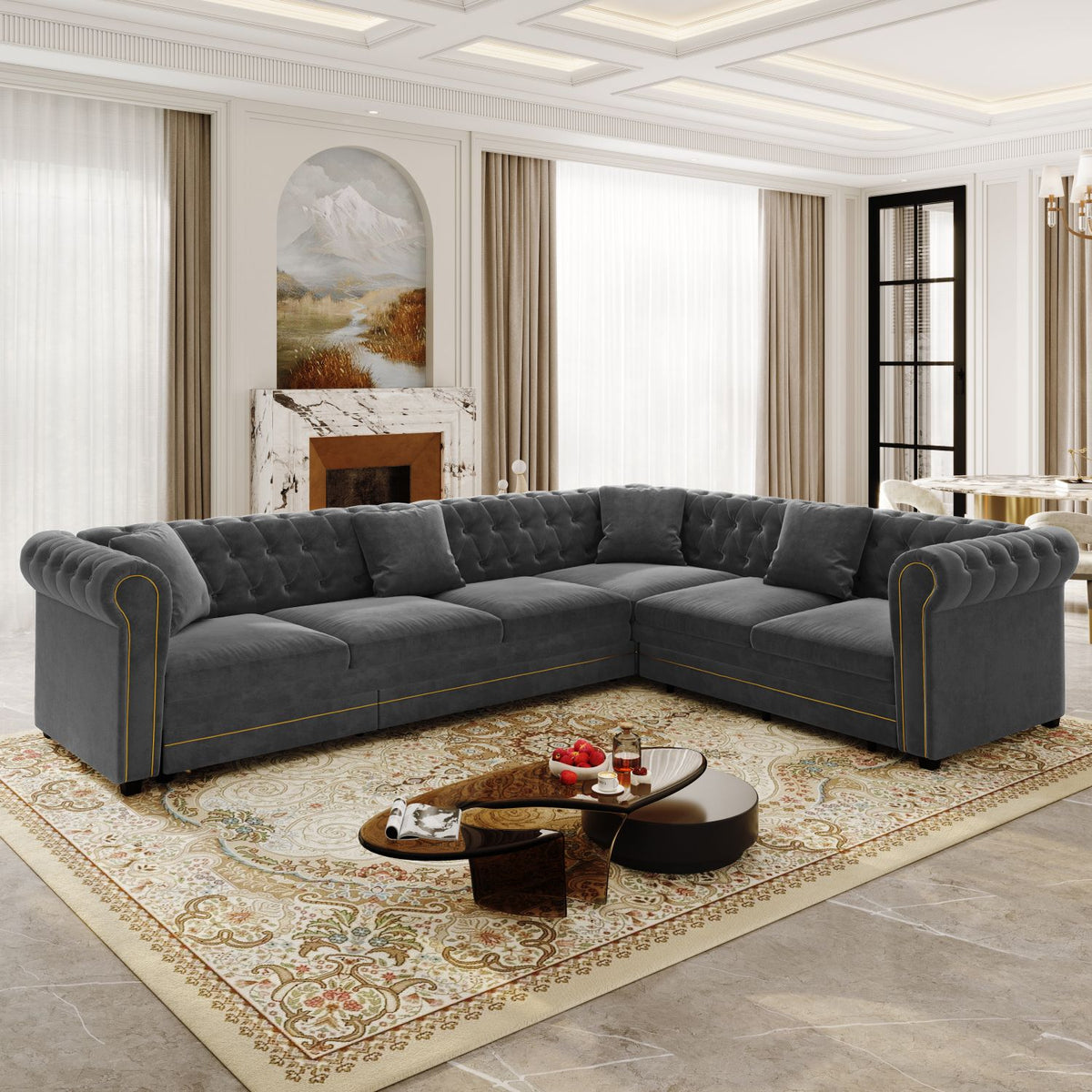 115.3" L-Shaped Sofa Couch with Pull-Out Bed, Oversize Convertible Sleeper, Velvet Button Tufted Couch, Gold Trim Rolled Arms, Oversized Deep Seat Luxury Sofa with Throw Pillows ,Dark Grey