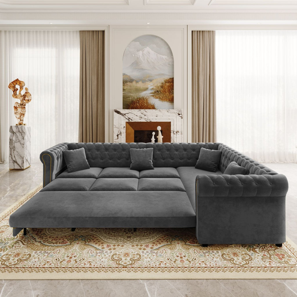 115.3" L-Shaped Sofa Couch with Pull-Out Bed, Oversize Convertible Sleeper, Velvet Button Tufted Couch, Gold Trim Rolled Arms, Oversized Deep Seat Luxury Sofa with Throw Pillows ,Dark Grey