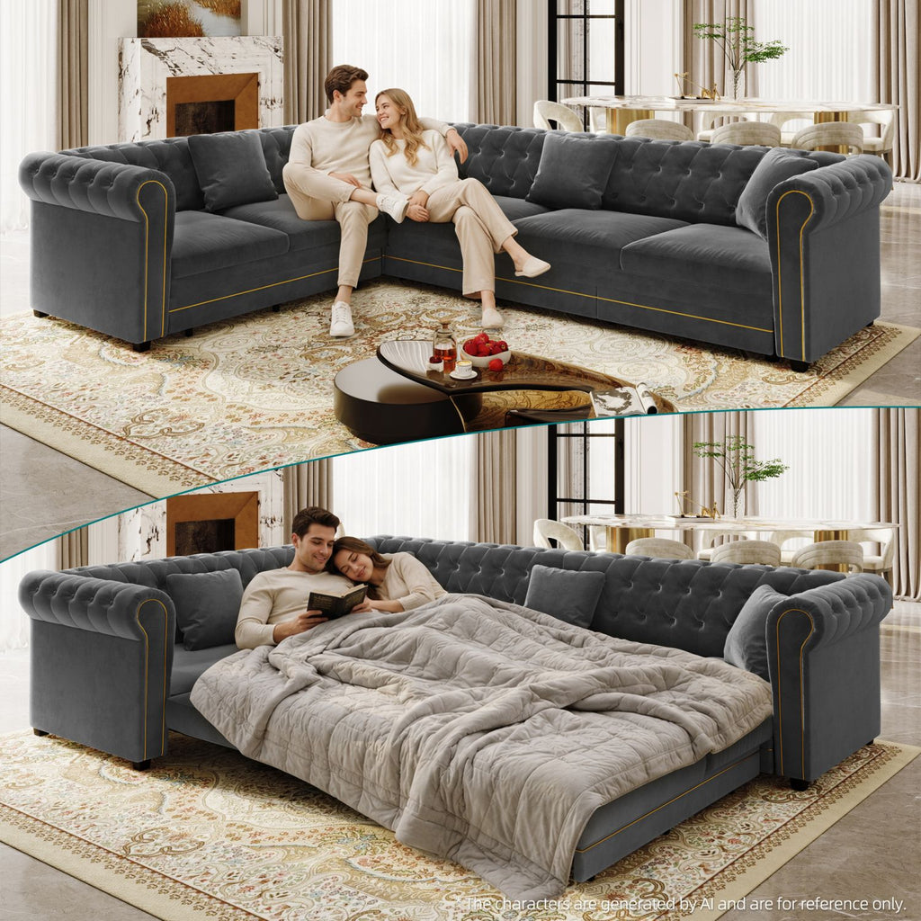 115.3" L-Shaped Sofa Couch with Pull-Out Bed, Oversize Convertible Sleeper, Velvet Button Tufted Couch, Gold Trim Rolled Arms, Oversized Deep Seat Luxury Sofa with Throw Pillows ,Dark Grey