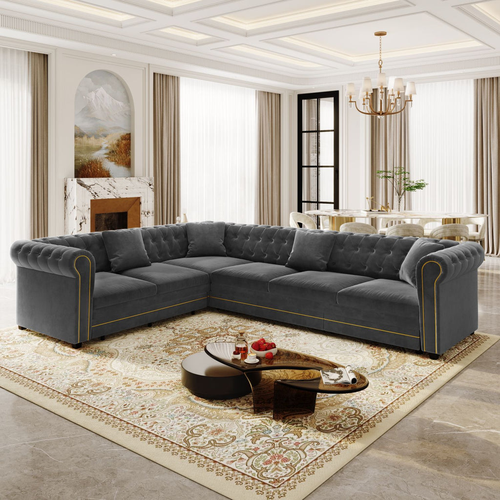 115.3" L-Shaped Sofa Couch with Pull-Out Bed, Oversize Convertible Sleeper, Velvet Button Tufted Couch, Gold Trim Rolled Arms, Oversized Deep Seat Luxury Sofa with Throw Pillows ,Dark Grey