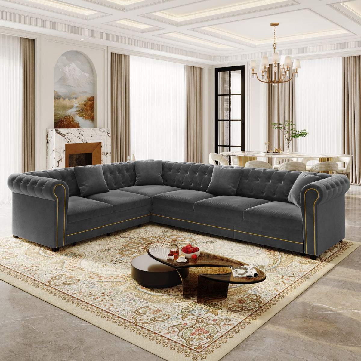 115.3" L-Shaped Sofa Couch with Pull-Out Bed, Oversize Convertible Sleeper, Velvet Button Tufted Couch, Gold Trim Rolled Arms, Oversized Deep Seat Luxury Sofa with Throw Pillows ,Dark Grey