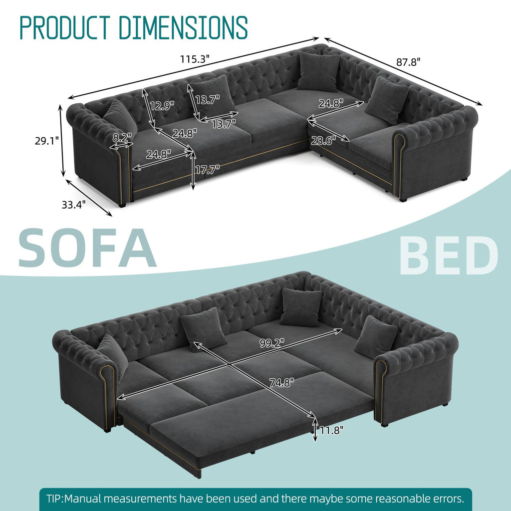 115.3" L-Shaped Sofa Couch with Pull-Out Bed, Oversize Convertible Sleeper, Velvet Button Tufted Couch, Gold Trim Rolled Arms, Oversized Deep Seat Luxury Sofa with Throw Pillows ,Dark Grey