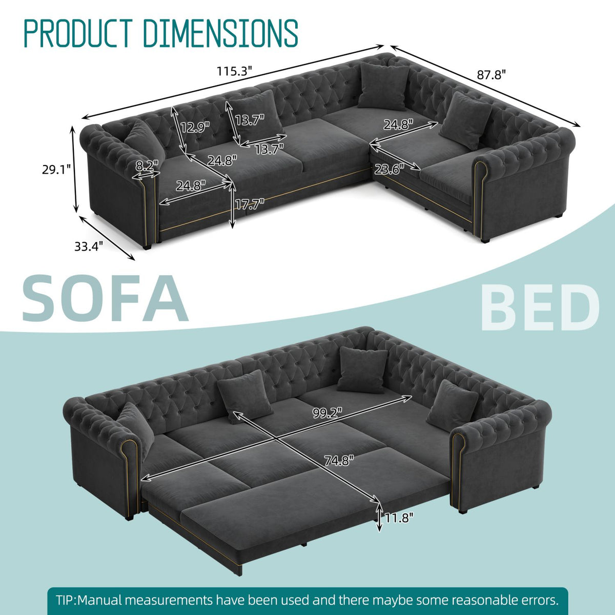 115.3" L-Shaped Sofa Couch with Pull-Out Bed, Oversize Convertible Sleeper, Velvet Button Tufted Couch, Gold Trim Rolled Arms, Oversized Deep Seat Luxury Sofa with Throw Pillows ,Dark Grey
