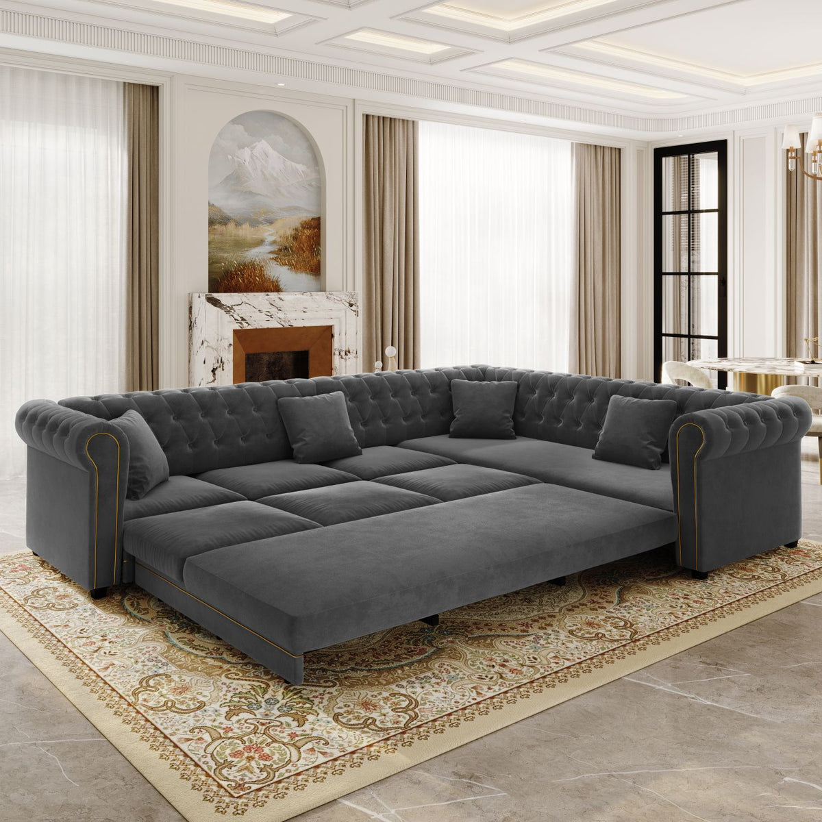 115.3" L-Shaped Sofa Couch with Pull-Out Bed, Oversize Convertible Sleeper, Velvet Button Tufted Couch, Gold Trim Rolled Arms, Oversized Deep Seat Luxury Sofa with Throw Pillows ,Dark Grey