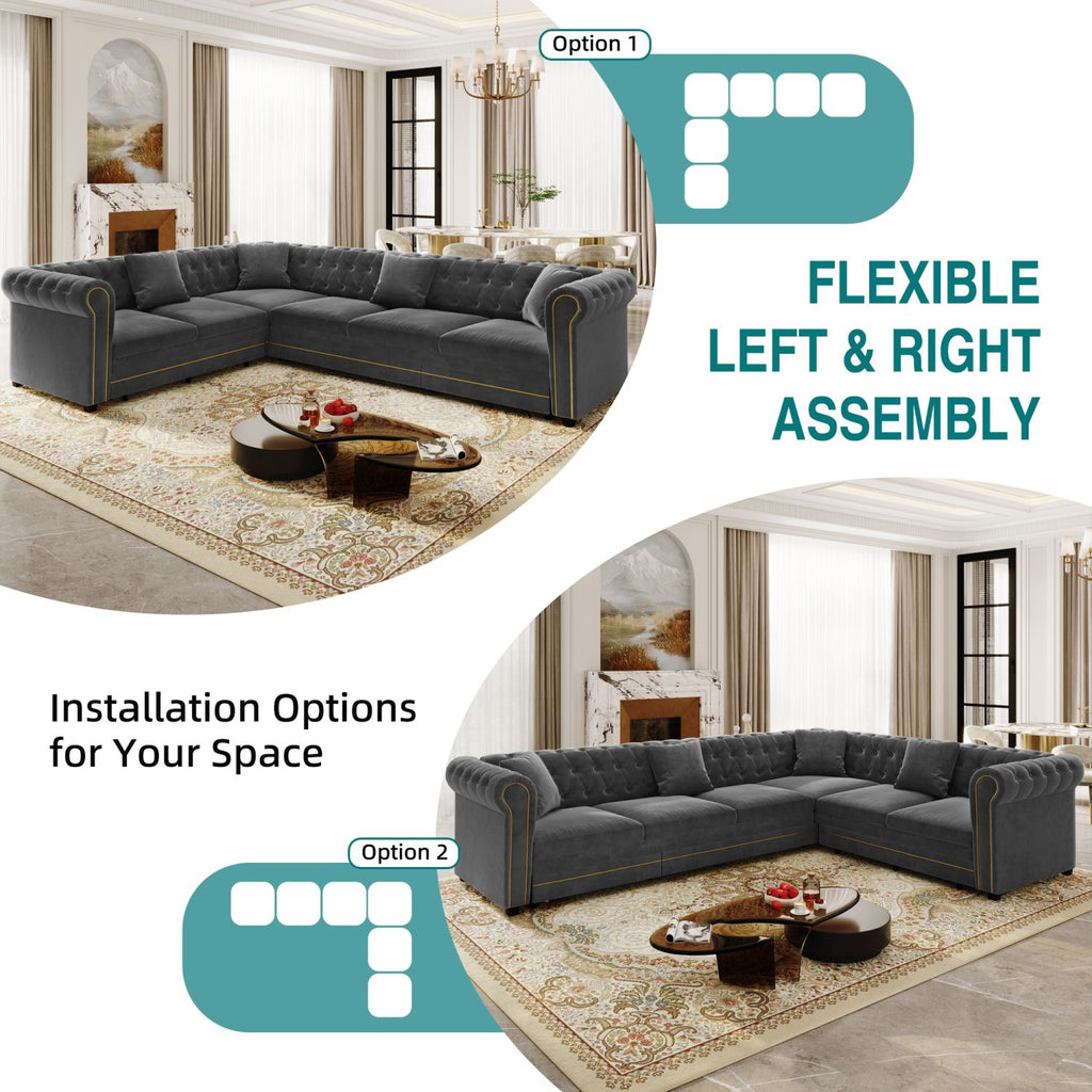 115.3" L-Shaped Sofa Couch with Pull-Out Bed, Oversize Convertible Sleeper, Velvet Button Tufted Couch, Gold Trim Rolled Arms, Oversized Deep Seat Luxury Sofa with Throw Pillows ,Dark Grey
