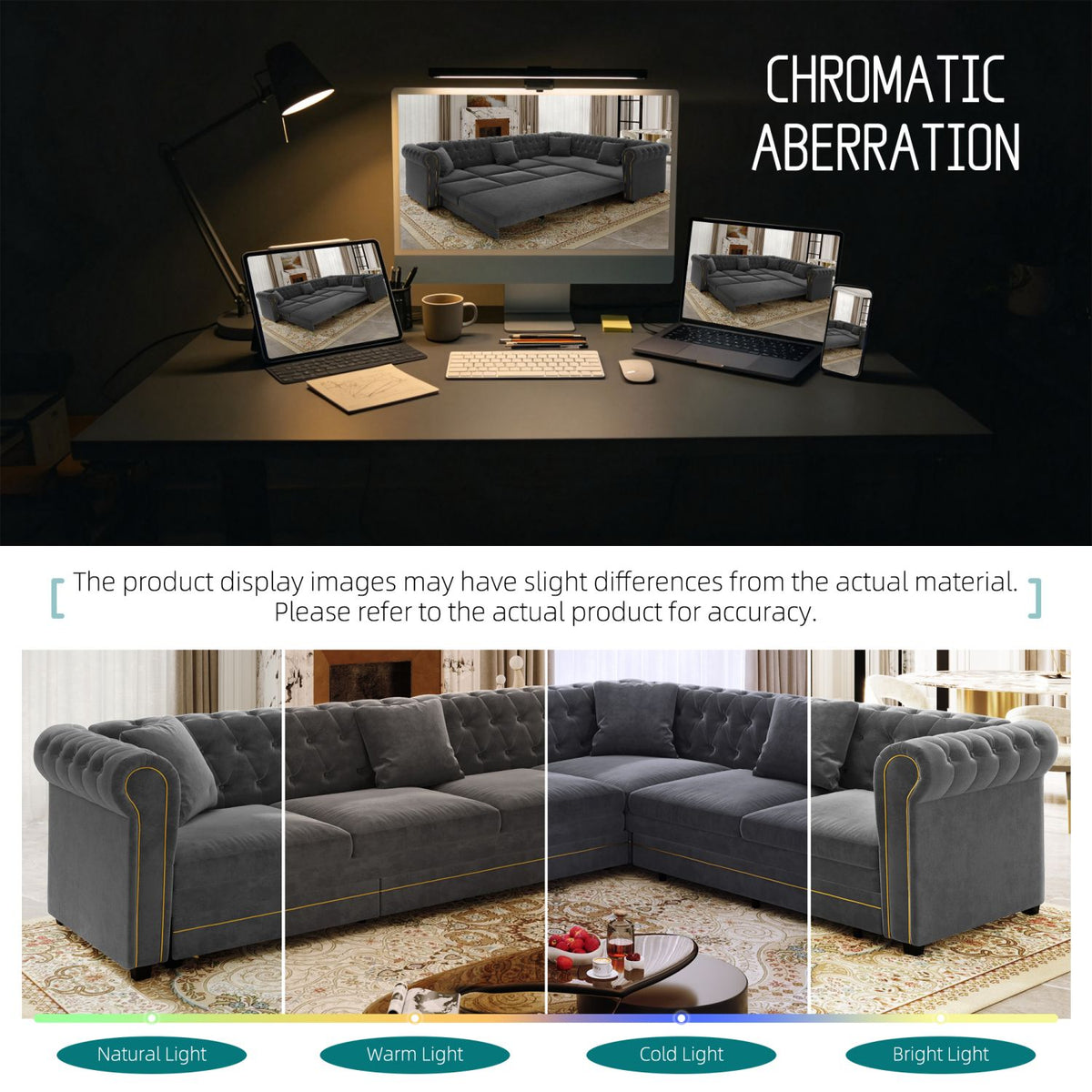 115.3" L-Shaped Sofa Couch with Pull-Out Bed, Oversize Convertible Sleeper, Velvet Button Tufted Couch, Gold Trim Rolled Arms, Oversized Deep Seat Luxury Sofa with Throw Pillows ,Dark Grey
