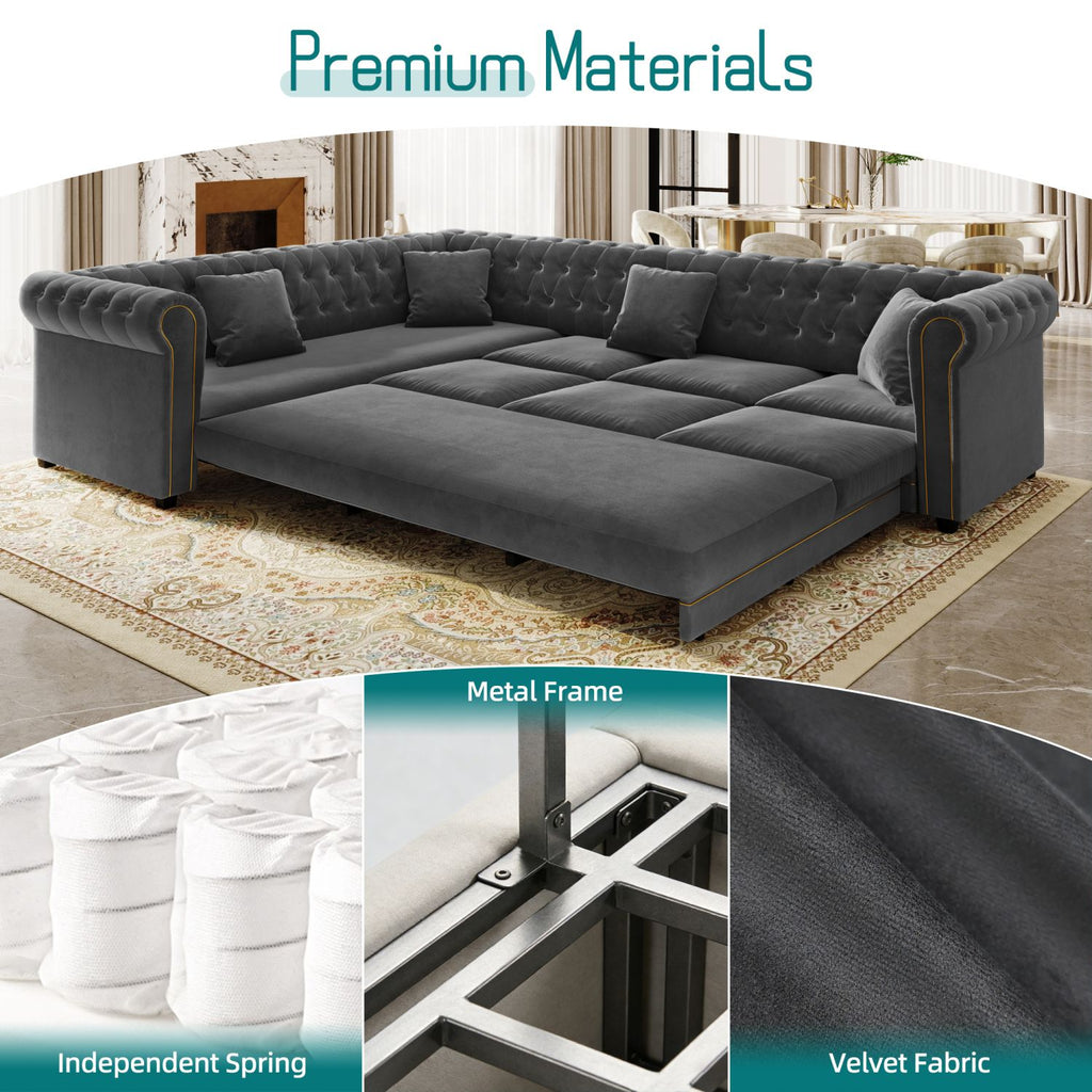 115.3" L-Shaped Sofa Couch with Pull-Out Bed, Oversize Convertible Sleeper, Velvet Button Tufted Couch, Gold Trim Rolled Arms, Oversized Deep Seat Luxury Sofa with Throw Pillows ,Dark Grey