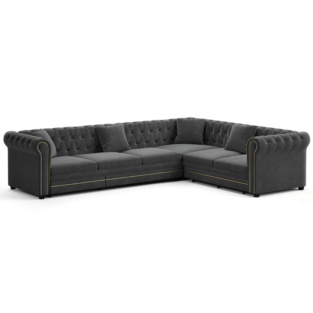 115.3" L-Shaped Sofa Couch with Pull-Out Bed, Oversize Convertible Sleeper, Velvet Button Tufted Couch, Gold Trim Rolled Arms, Oversized Deep Seat Luxury Sofa with Throw Pillows ,Dark Grey