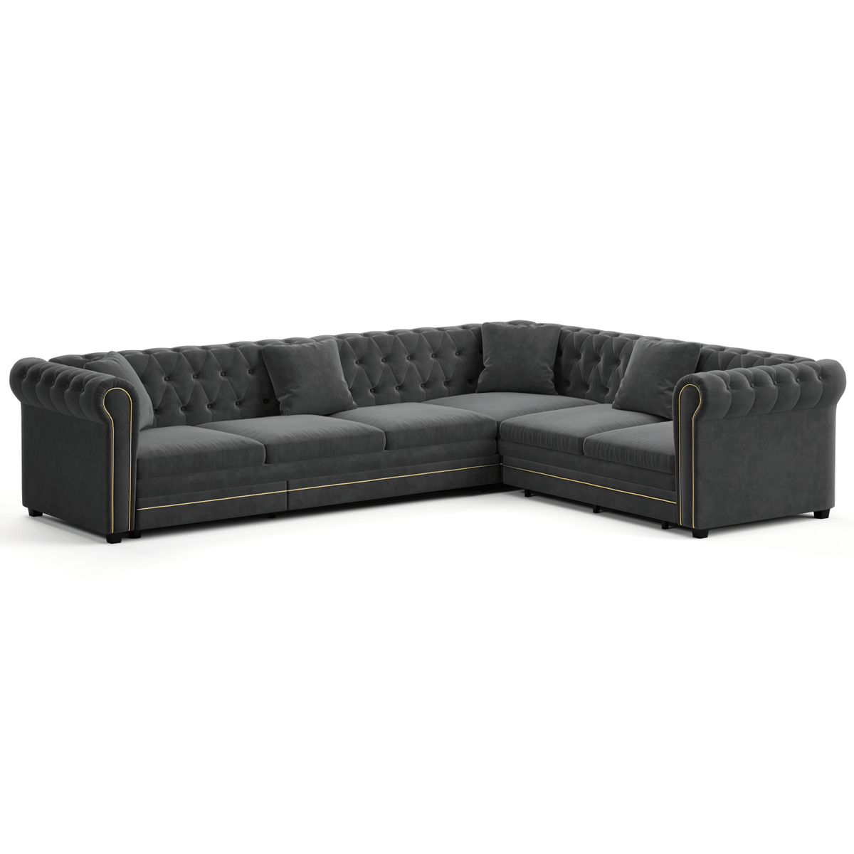 115.3" L-Shaped Sofa Couch with Pull-Out Bed, Oversize Convertible Sleeper, Velvet Button Tufted Couch, Gold Trim Rolled Arms, Oversized Deep Seat Luxury Sofa with Throw Pillows ,Dark Grey