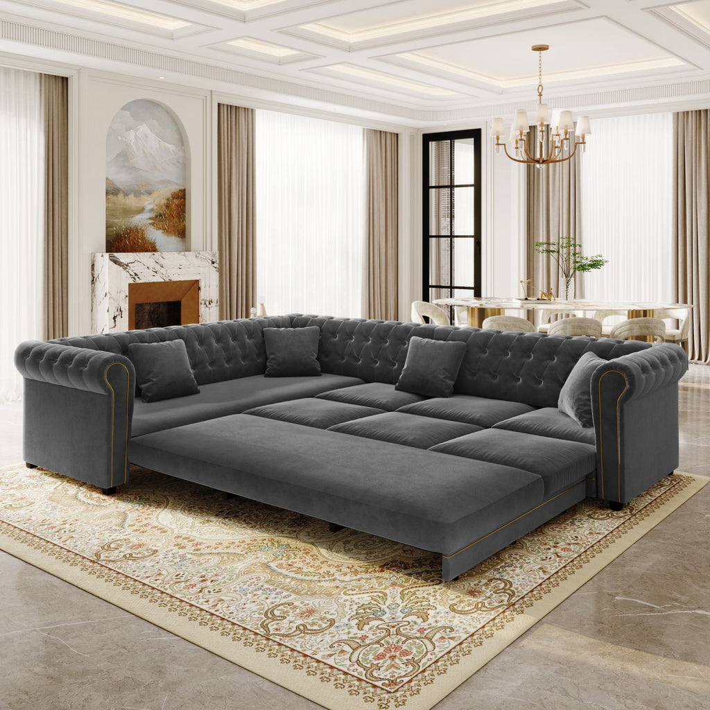 115.3" L-Shaped Sofa Couch with Pull-Out Bed, Oversize Convertible Sleeper, Velvet Button Tufted Couch, Gold Trim Rolled Arms, Oversized Deep Seat Luxury Sofa with Throw Pillows ,Dark Grey
