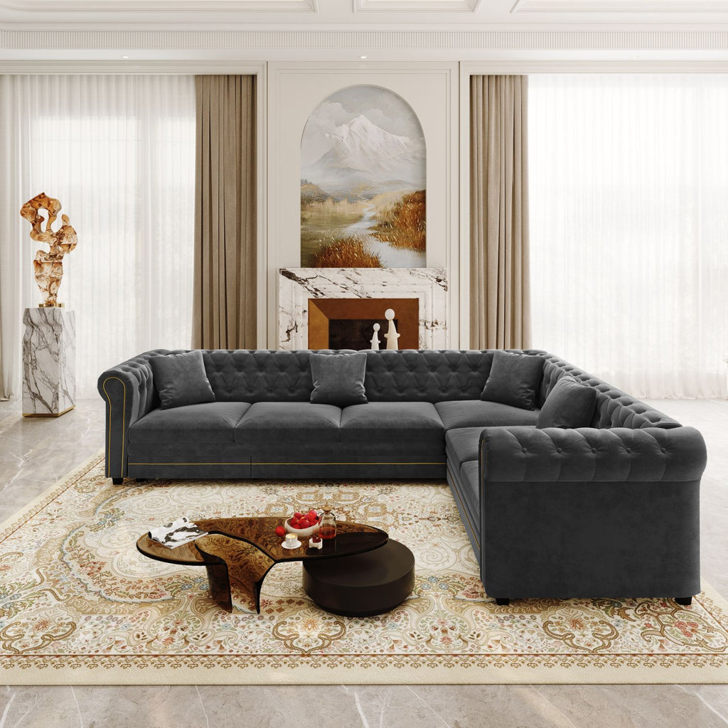 115.3" L-Shaped Sofa Couch with Pull-Out Bed, Oversize Convertible Sleeper, Velvet Button Tufted Couch, Gold Trim Rolled Arms, Oversized Deep Seat Luxury Sofa with Throw Pillows ,Dark Grey