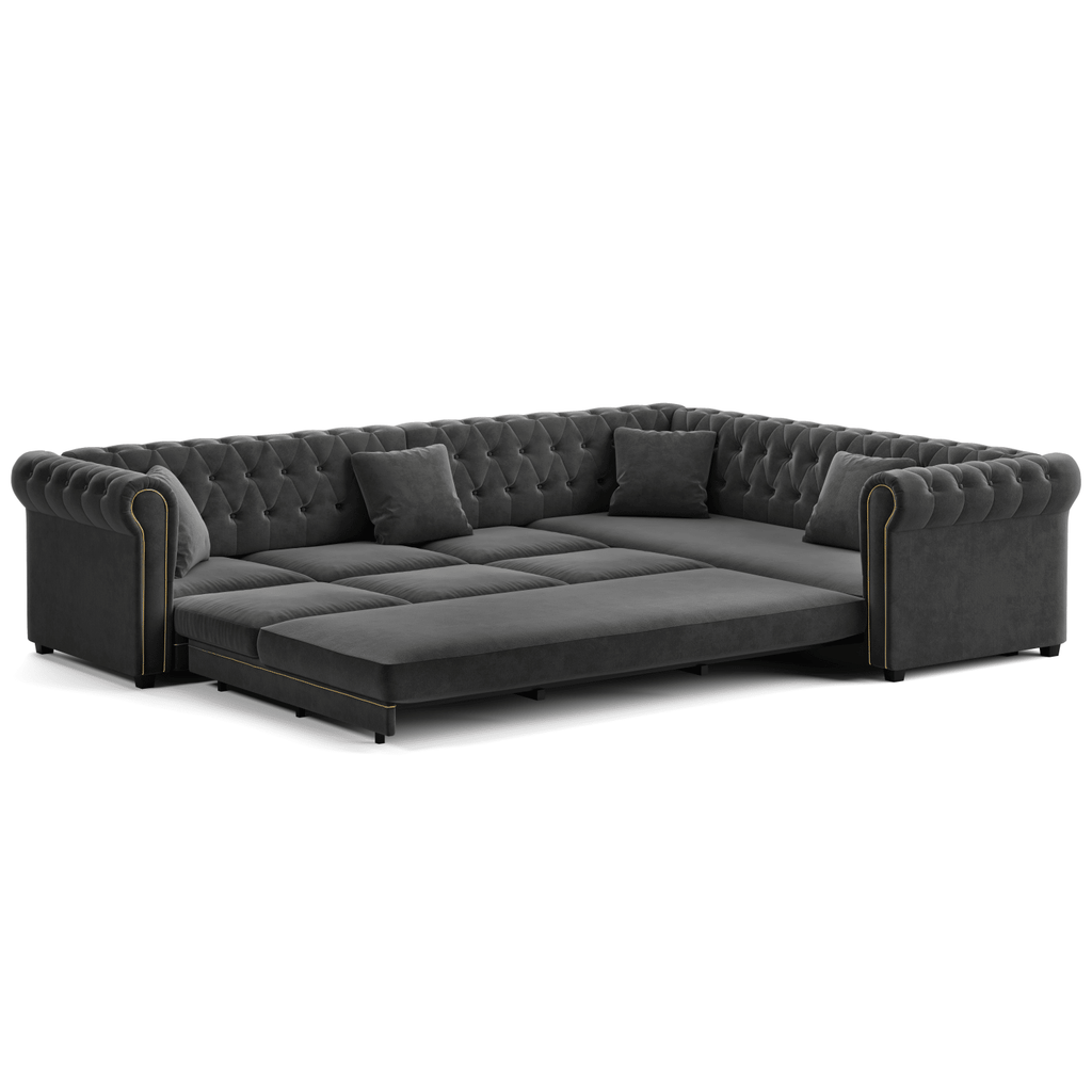 115.3" L-Shaped Sofa Couch with Pull-Out Bed, Oversize Convertible Sleeper, Velvet Button Tufted Couch, Gold Trim Rolled Arms, Oversized Deep Seat Luxury Sofa with Throw Pillows ,Dark Grey