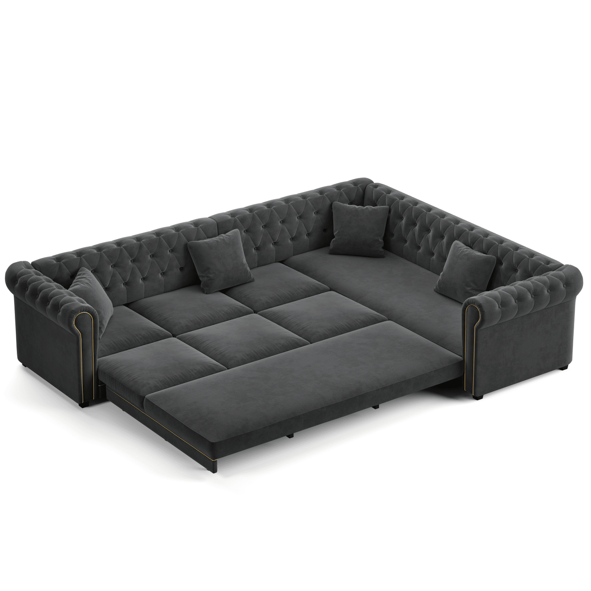 115.3" L-Shaped Sofa Couch with Pull-Out Bed, Oversize Convertible Sleeper, Velvet Button Tufted Couch, Gold Trim Rolled Arms, Oversized Deep Seat Luxury Sofa with Throw Pillows ,Dark Grey