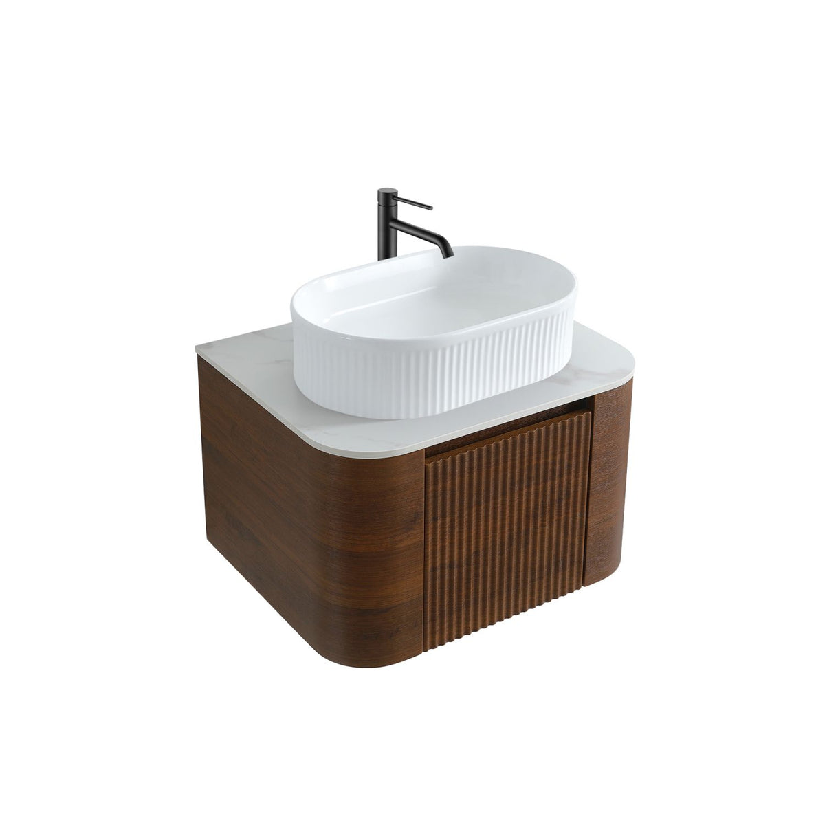 Erba 24 inch Bathroom Vanity with Sink, Walnut Wall Cabinet with Free Towel Rack, Single White Oval Striped Ceramic Basin Design, without Drain and Faucet, Pre-assembled