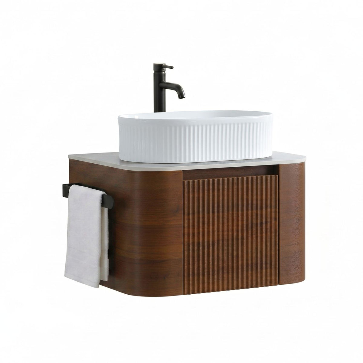 Erba 24 inch Bathroom Vanity with Sink, Walnut Wall Cabinet with Free Towel Rack, Single White Oval Striped Ceramic Basin Design, without Drain and Faucet, Pre-assembled