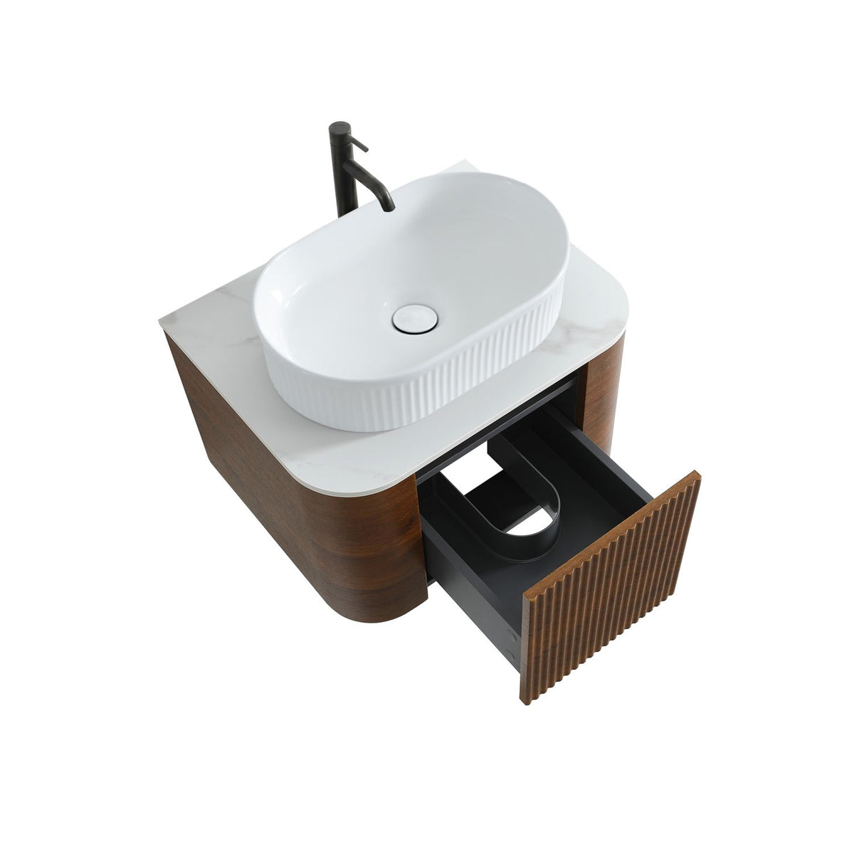 Erba 24 inch Bathroom Vanity with Sink, Walnut Wall Cabinet with Free Towel Rack, Single White Oval Striped Ceramic Basin Design, without Drain and Faucet, Pre-assembled