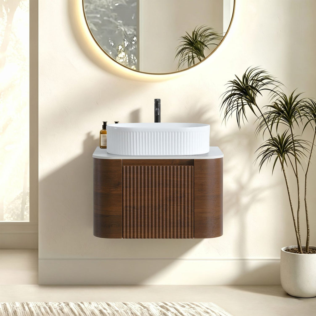 Erba 24 inch Bathroom Vanity with Sink, Walnut Wall Cabinet with Free Towel Rack, Single White Oval Striped Ceramic Basin Design, without Drain and Faucet, Pre-assembled