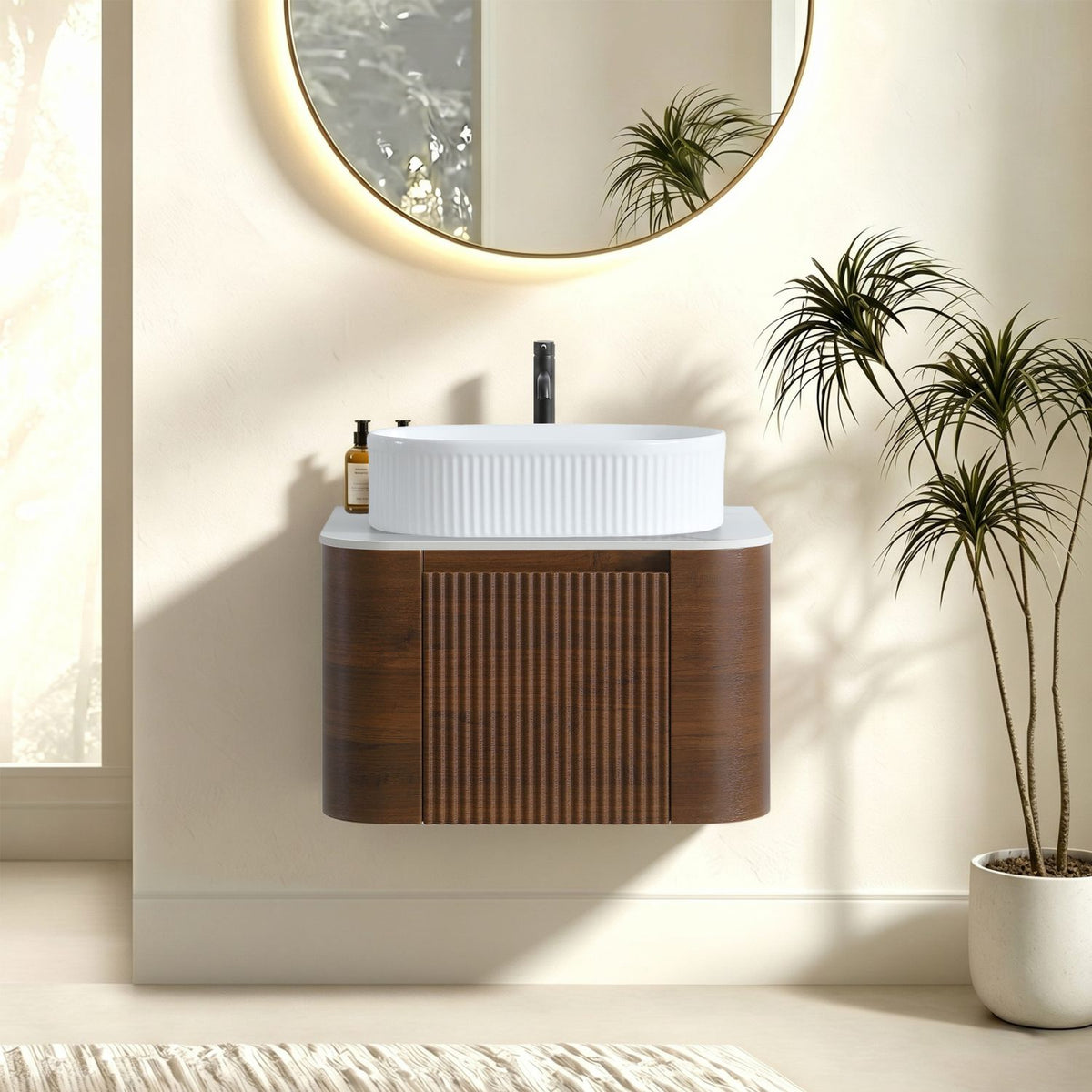 Erba 24 inch Bathroom Vanity with Sink, Walnut Wall Cabinet with Free Towel Rack, Single White Oval Striped Ceramic Basin Design, without Drain and Faucet, Pre-assembled
