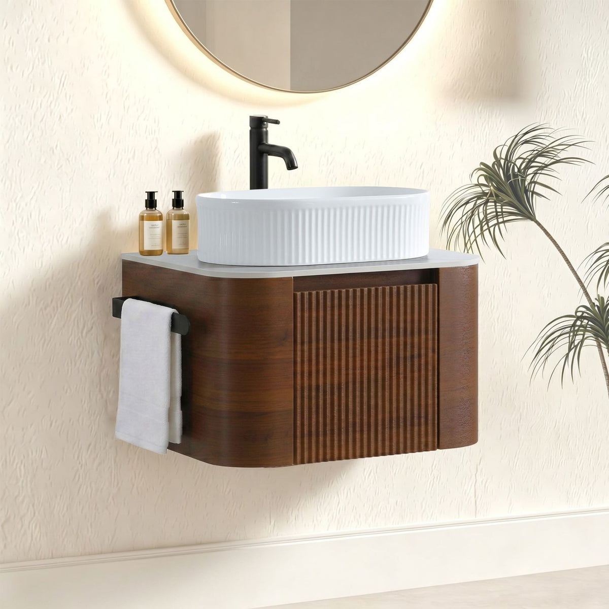 Erba 24 inch Bathroom Vanity with Sink, Walnut Wall Cabinet with Free Towel Rack, Single White Oval Striped Ceramic Basin Design, without Drain and Faucet, Pre-assembled