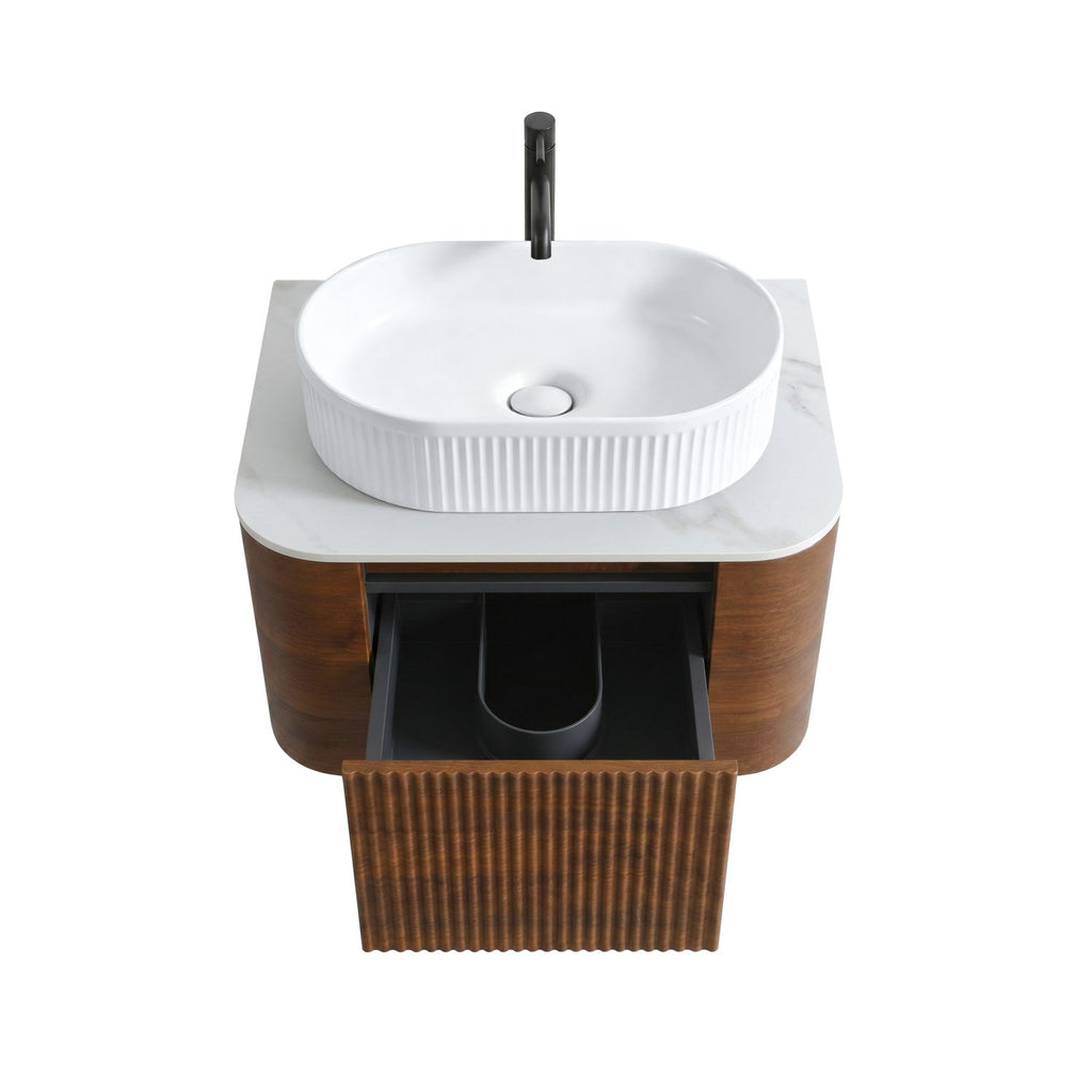 Erba 24 inch Bathroom Vanity with Sink, Walnut Wall Cabinet with Free Towel Rack, Single White Oval Striped Ceramic Basin Design, without Drain and Faucet, Pre-assembled