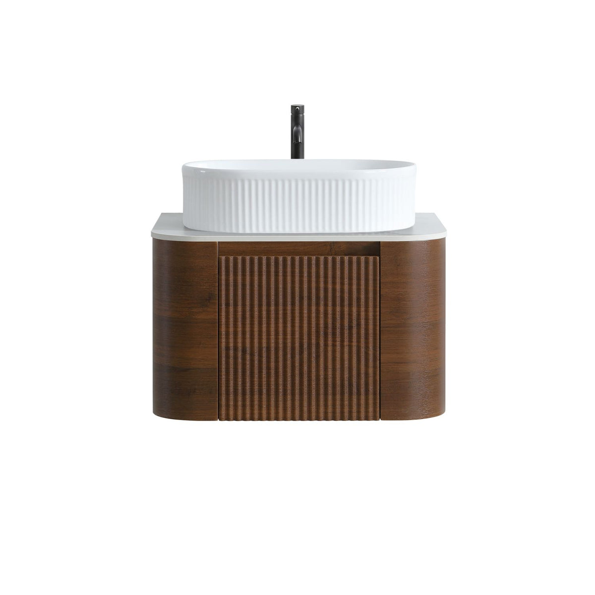 Erba 24 inch Bathroom Vanity with Sink, Walnut Wall Cabinet with Free Towel Rack, Single White Oval Striped Ceramic Basin Design, without Drain and Faucet, Pre-assembled