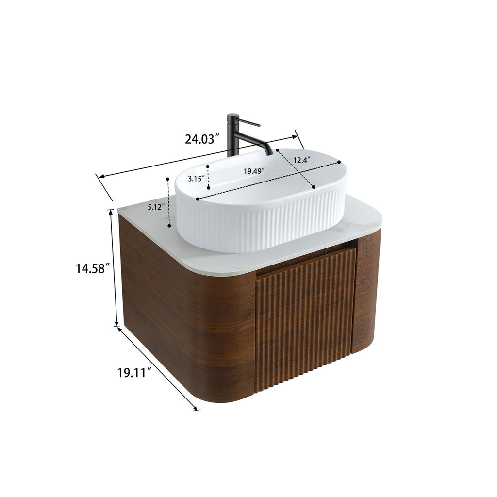 Erba 24 inch Bathroom Vanity with Sink, Walnut Wall Cabinet with Free Towel Rack, Single White Oval Striped Ceramic Basin Design, without Drain and Faucet, Pre-assembled