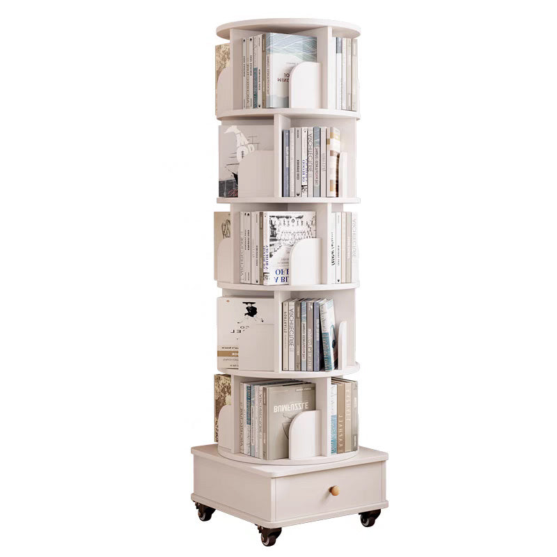 Rotating Bookshelf with Drawer, 360 Display 6 Tier Corner Bookshelf for Small Space, Floor Standing Bookcase Storage Rack, Wood Narrow Organizer for Bedroom, Living Room (WHITE)