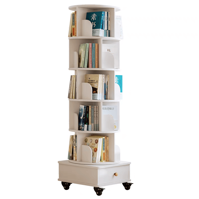 Rotating Bookshelf with Drawer, 360 Display 6 Tier Corner Bookshelf for Small Space, Floor Standing Bookcase Storage Rack, Wood Narrow Organizer for Bedroom, Living Room (WHITE)