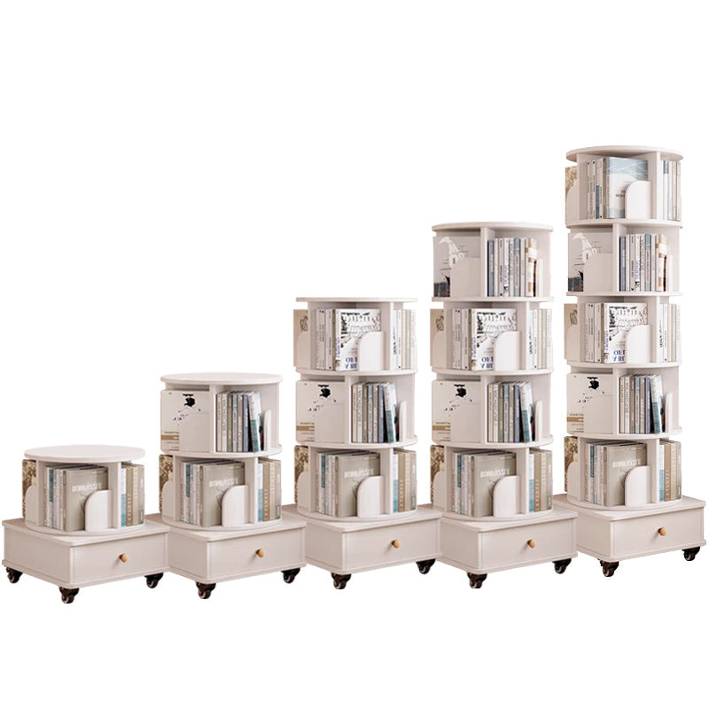 Rotating Bookshelf with Drawer, 360 Display 6 Tier Corner Bookshelf for Small Space, Floor Standing Bookcase Storage Rack, Wood Narrow Organizer for Bedroom, Living Room (WHITE)