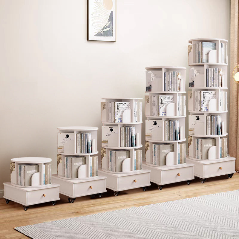 Rotating Bookshelf with Drawer, 360 Display 6 Tier Corner Bookshelf for Small Space, Floor Standing Bookcase Storage Rack, Wood Narrow Organizer for Bedroom, Living Room (WHITE)