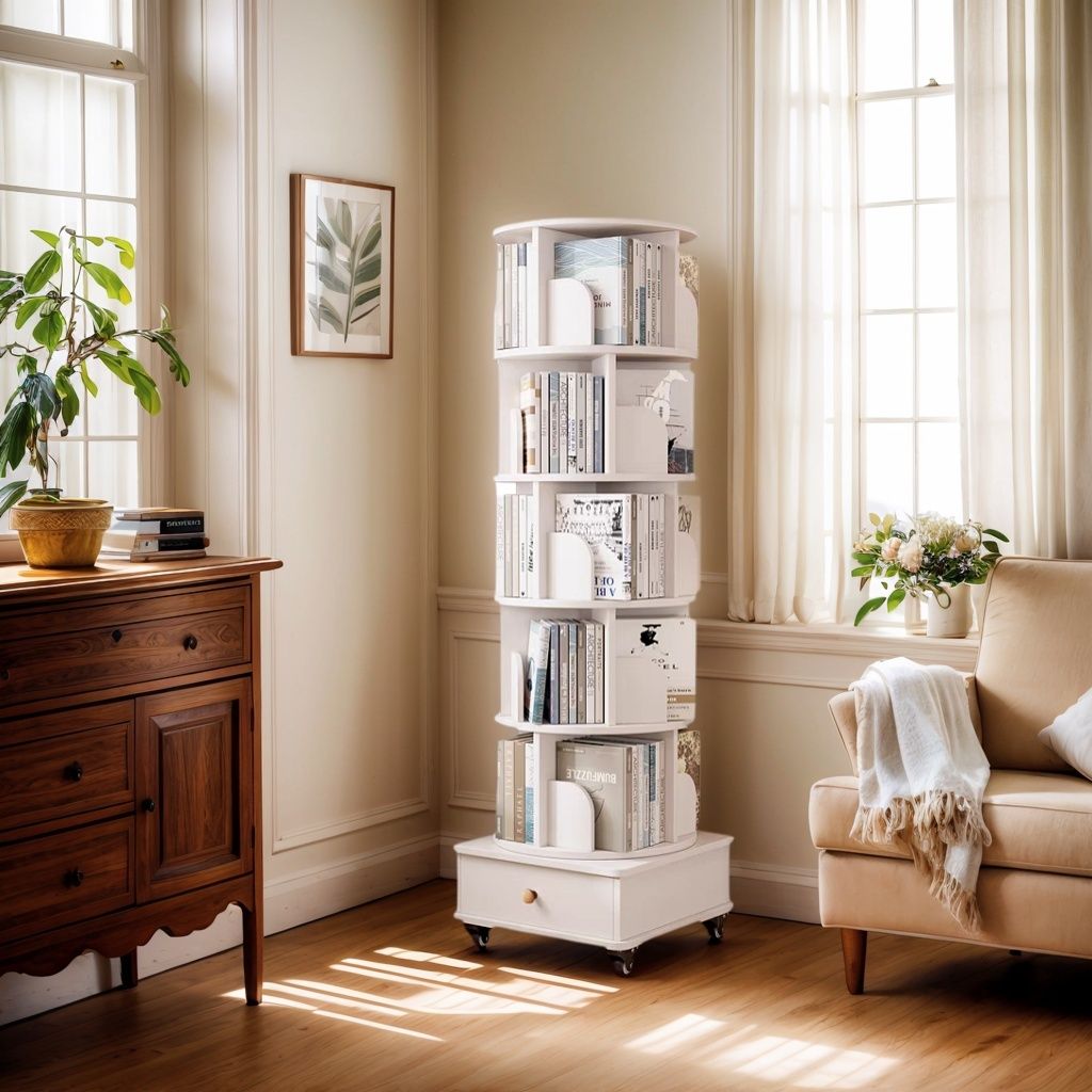 Rotating Bookshelf with Drawer, 360 Display 6 Tier Corner Bookshelf for Small Space, Floor Standing Bookcase Storage Rack, Wood Narrow Organizer for Bedroom, Living Room (WHITE)