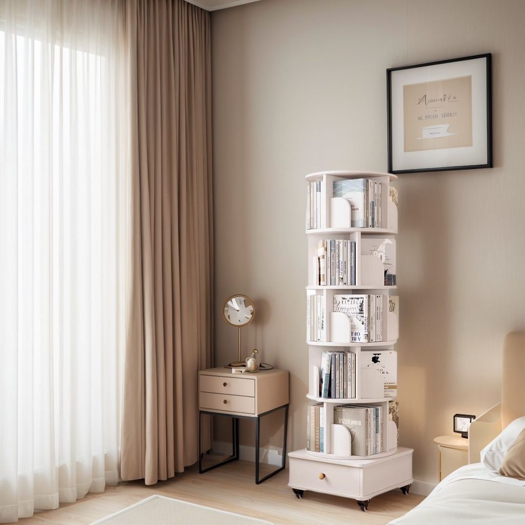 Rotating Bookshelf with Drawer, 360 Display 6 Tier Corner Bookshelf for Small Space, Floor Standing Bookcase Storage Rack, Wood Narrow Organizer for Bedroom, Living Room (WHITE)