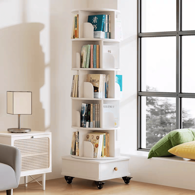 Rotating Bookshelf with Drawer, 360 Display 6 Tier Corner Bookshelf for Small Space, Floor Standing Bookcase Storage Rack, Wood Narrow Organizer for Bedroom, Living Room (WHITE)