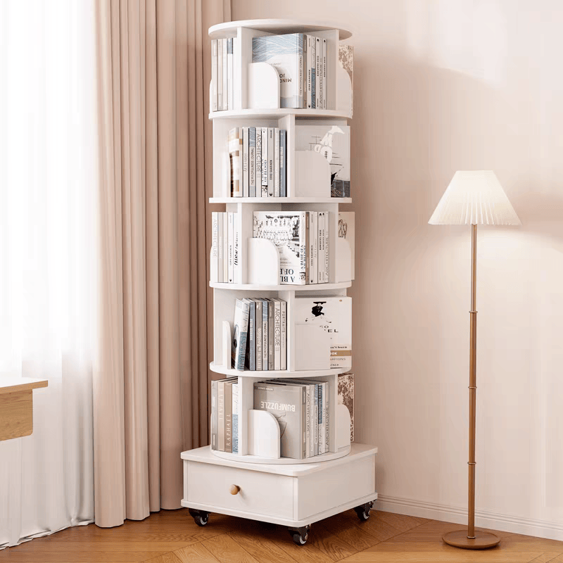 Rotating Bookshelf with Drawer, 360 Display 6 Tier Corner Bookshelf for Small Space, Floor Standing Bookcase Storage Rack, Wood Narrow Organizer for Bedroom, Living Room (WHITE)