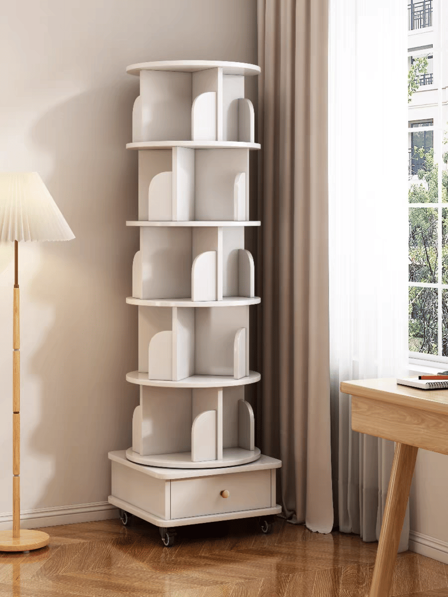 Rotating Bookshelf with Drawer, 360 Display 6 Tier Corner Bookshelf for Small Space, Floor Standing Bookcase Storage Rack, Wood Narrow Organizer for Bedroom, Living Room (WHITE)