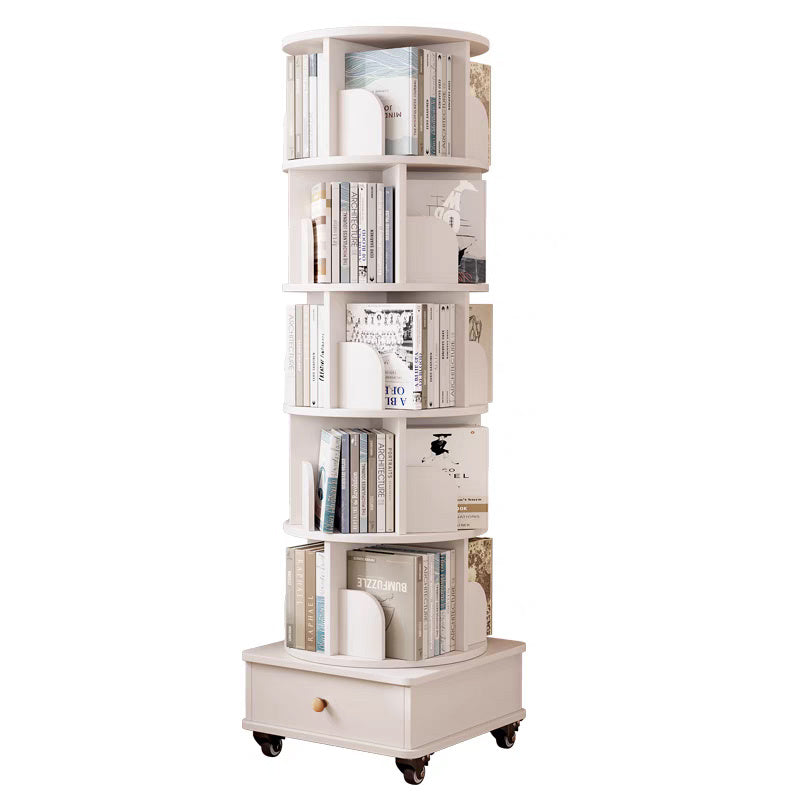 Rotating Bookshelf with Drawer, 360 Display 6 Tier Corner Bookshelf for Small Space, Floor Standing Bookcase Storage Rack, Wood Narrow Organizer for Bedroom, Living Room (WHITE)