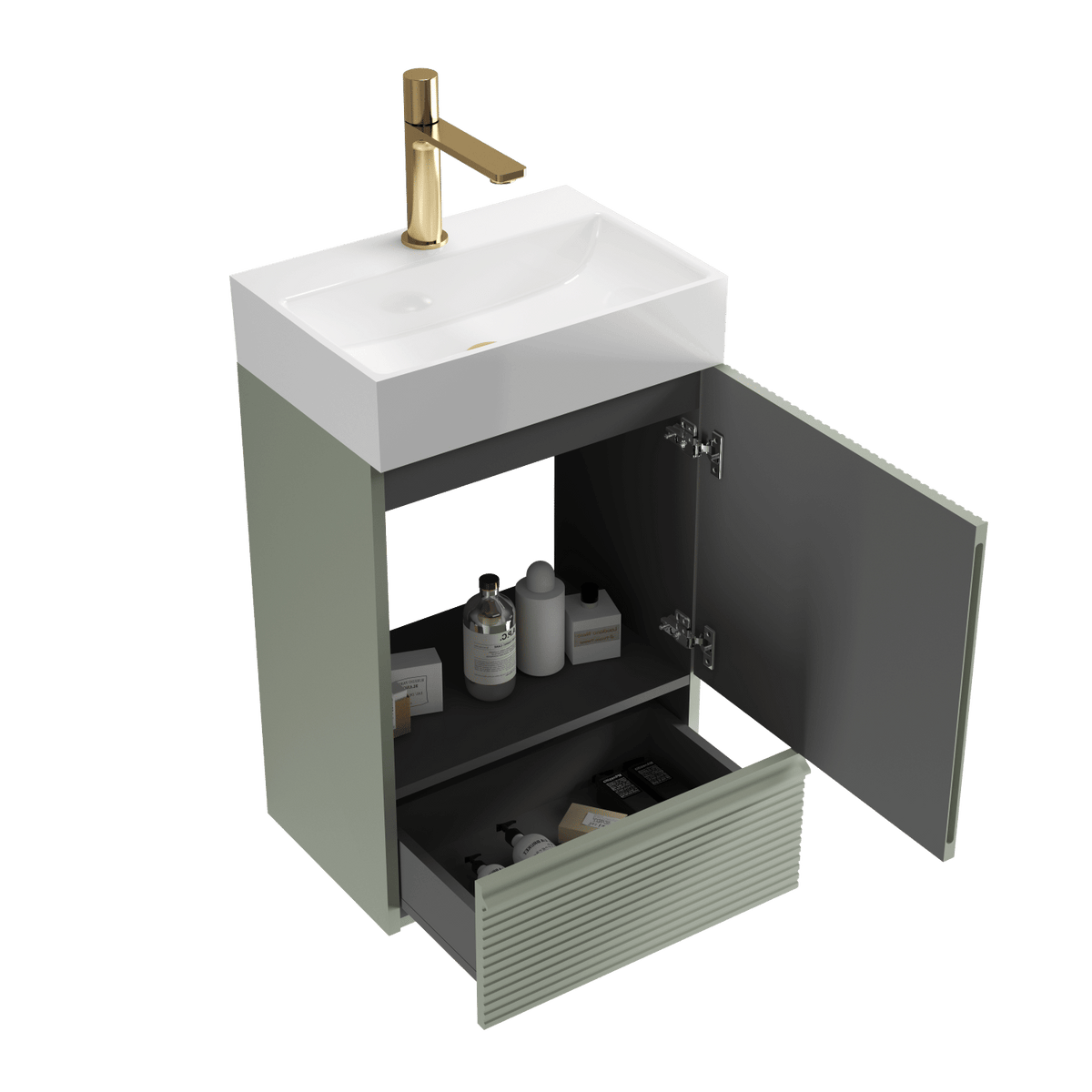 Gada 20" Striped Sage Green Bathroom Vanity with White Ceramic Sink, Freestanding Bathroom Cabinet for Modern Bathroom, One-Piece White Ceramic Basin Without Drain and Faucet, KD