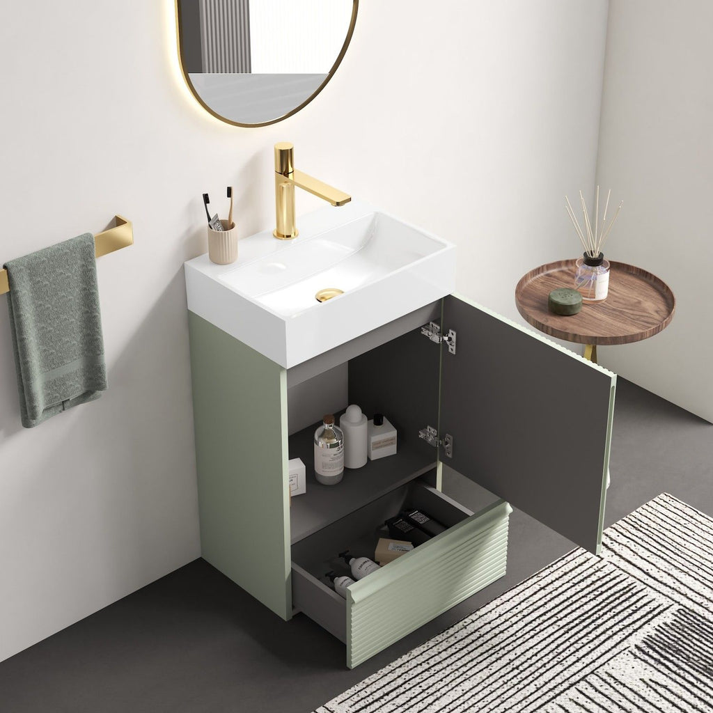 Gada 20" Striped Sage Green Bathroom Vanity with White Ceramic Sink, Freestanding Bathroom Cabinet for Modern Bathroom, One-Piece White Ceramic Basin Without Drain and Faucet, KD