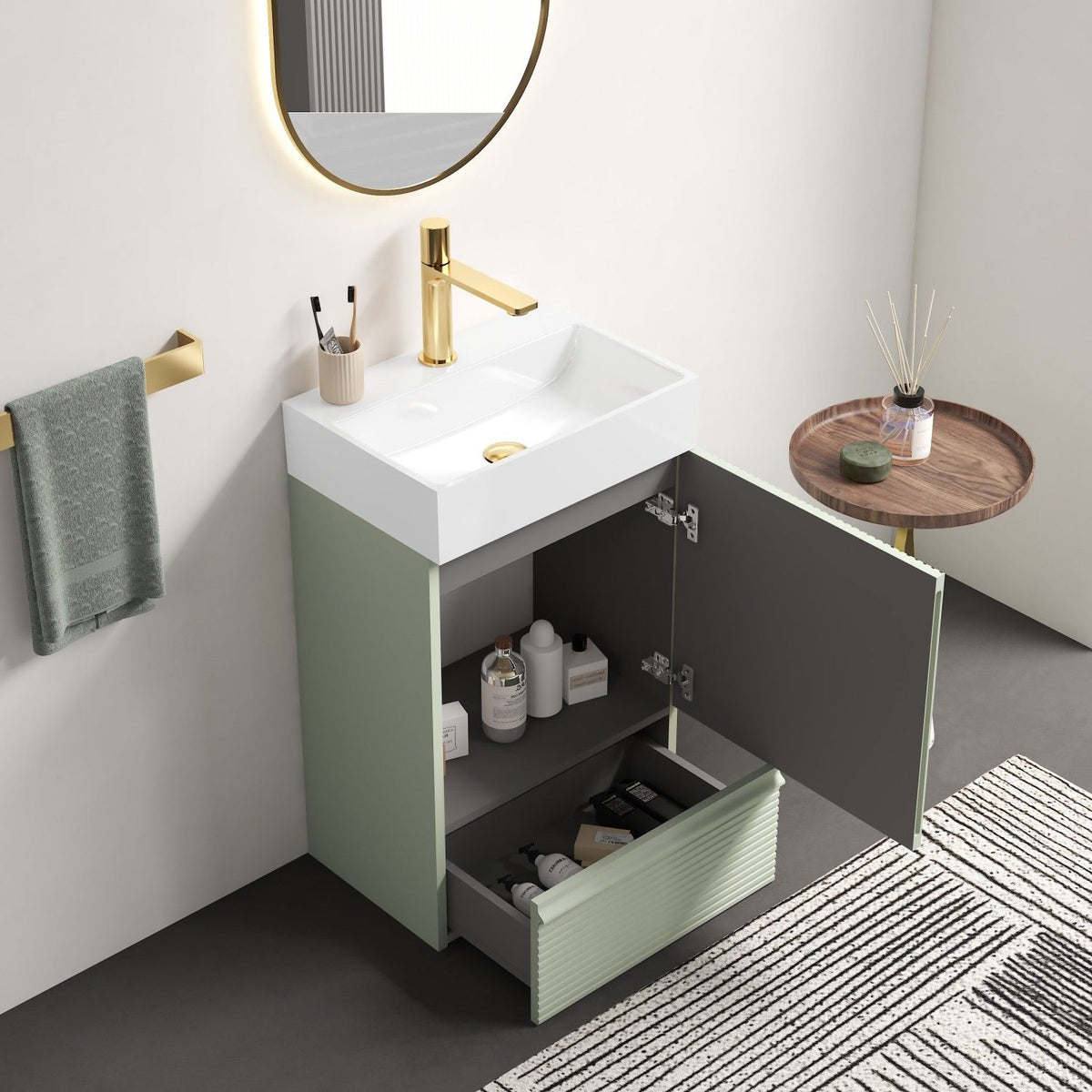 Gada 20" Striped Sage Green Bathroom Vanity with White Ceramic Sink, Freestanding Bathroom Cabinet for Modern Bathroom, One-Piece White Ceramic Basin Without Drain and Faucet, KD