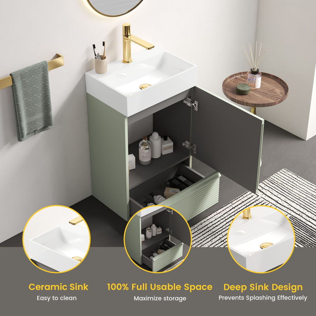 Gada 20" Striped Sage Green Bathroom Vanity with White Ceramic Sink, Freestanding Bathroom Cabinet for Modern Bathroom, One-Piece White Ceramic Basin Without Drain and Faucet, KD