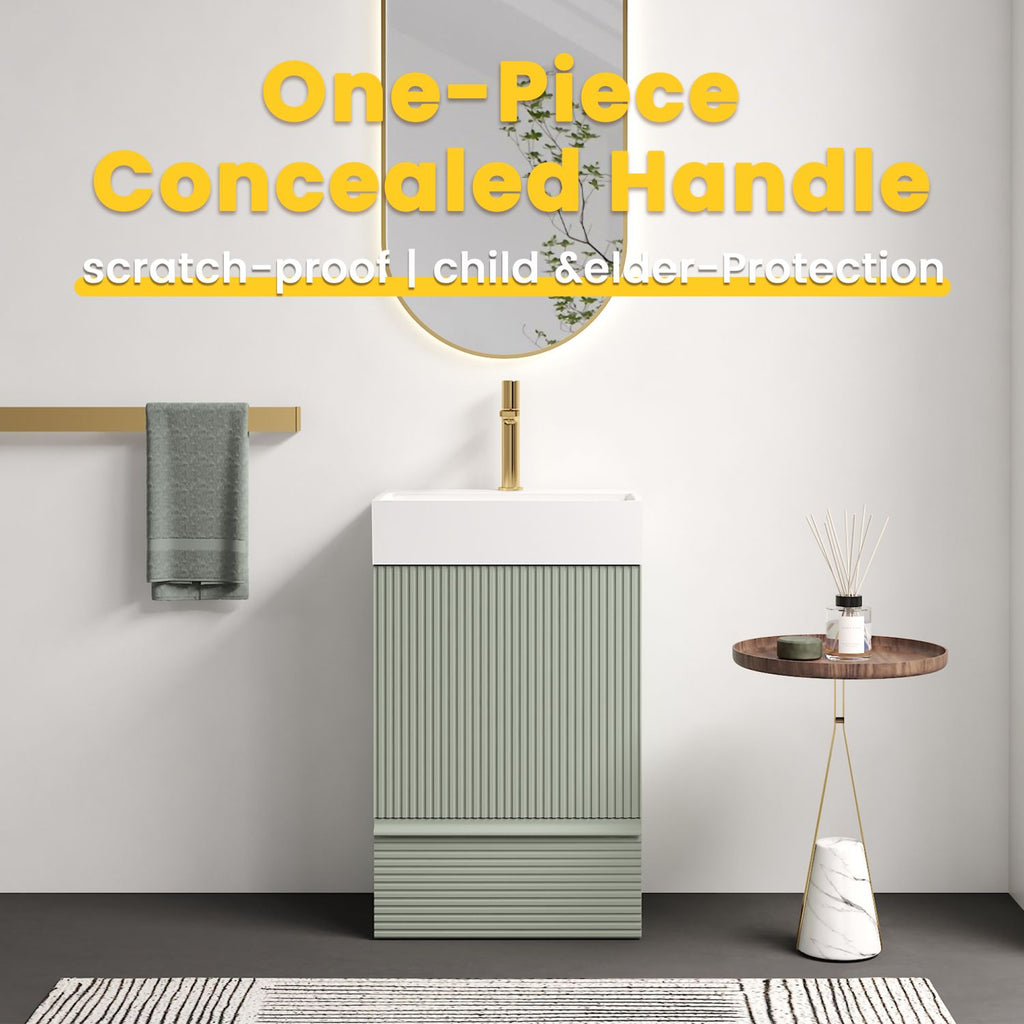 Gada 20" Striped Sage Green Bathroom Vanity with White Ceramic Sink, Freestanding Bathroom Cabinet for Modern Bathroom, One-Piece White Ceramic Basin Without Drain and Faucet, KD
