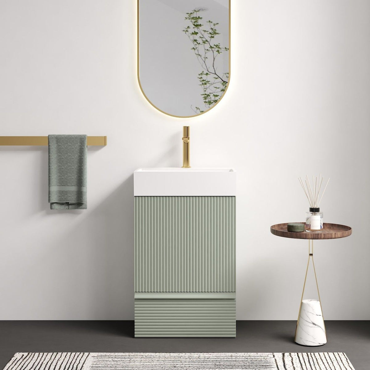 Gada 20" Striped Sage Green Bathroom Vanity with White Ceramic Sink, Freestanding Bathroom Cabinet for Modern Bathroom, One-Piece White Ceramic Basin Without Drain and Faucet, KD