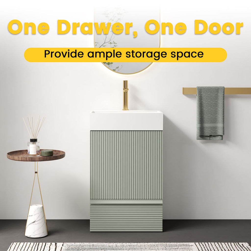 Gada 20" Striped Sage Green Bathroom Vanity with White Ceramic Sink, Freestanding Bathroom Cabinet for Modern Bathroom, One-Piece White Ceramic Basin Without Drain and Faucet, KD