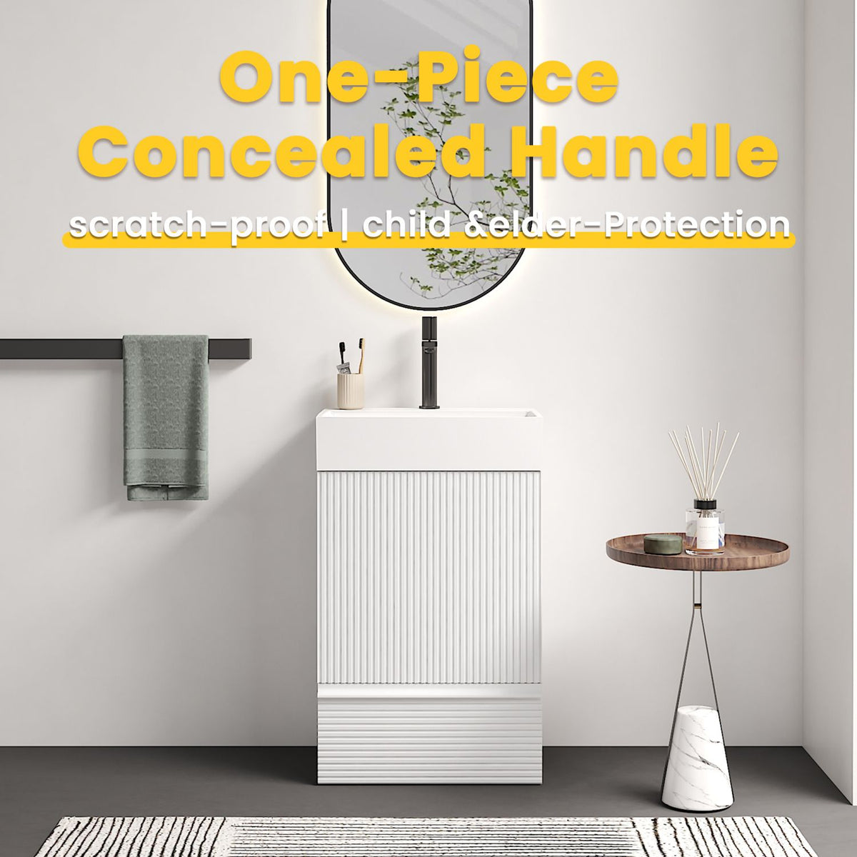 Gada 20" Striped Velvet White Bathroom Vanity with White Ceramic Sink, Freestanding Bathroom Cabinet for Modern Bathroom, One-Piece White Ceramic Basin Without Drain and Faucet, KD