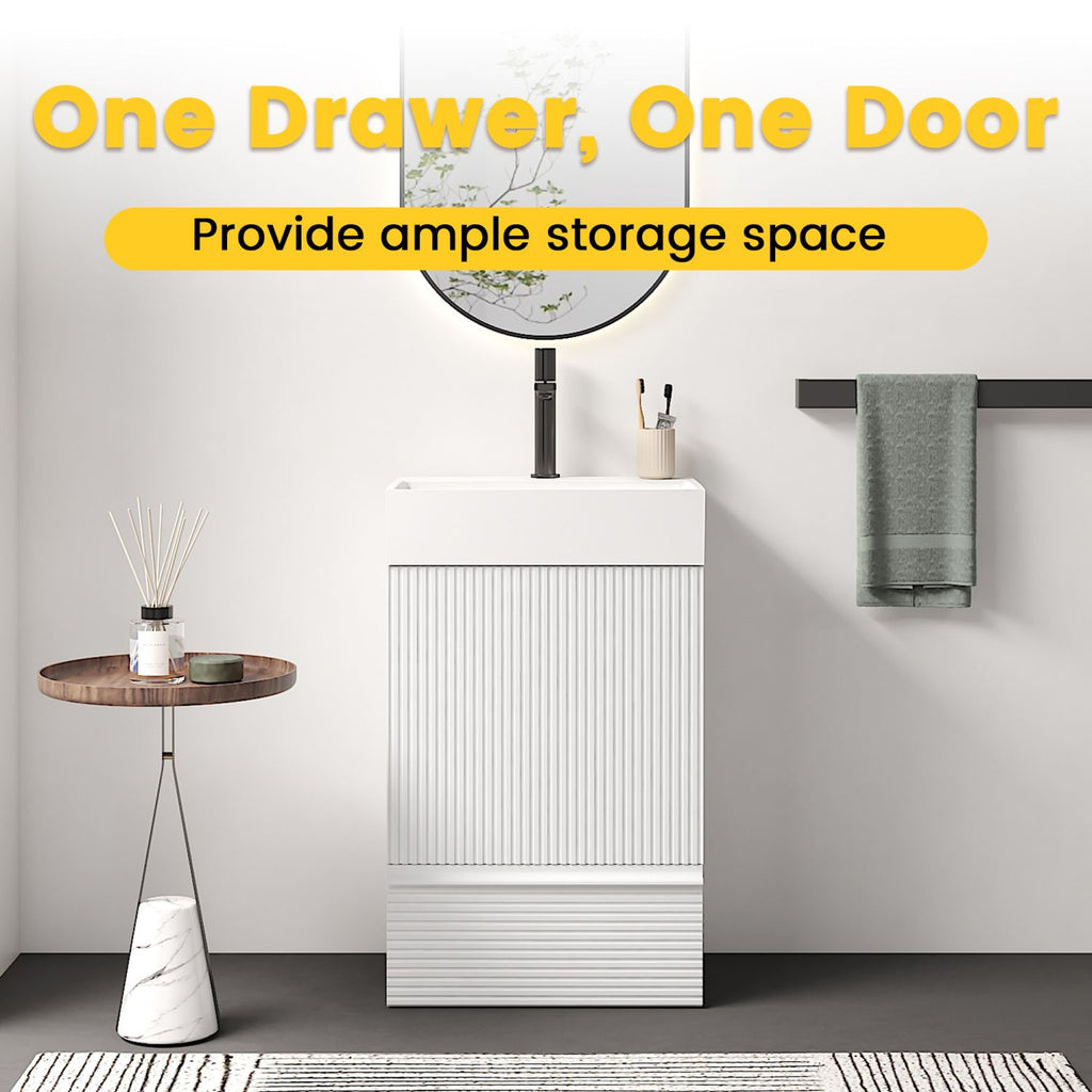 Gada 20" Striped Velvet White Bathroom Vanity with White Ceramic Sink, Freestanding Bathroom Cabinet for Modern Bathroom, One-Piece White Ceramic Basin Without Drain and Faucet, KD